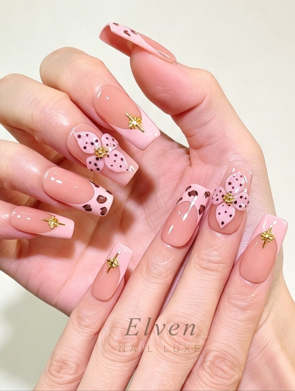Cute Nude Pink French Tip Long Square Press On Nails Leopard Print 3D Floral